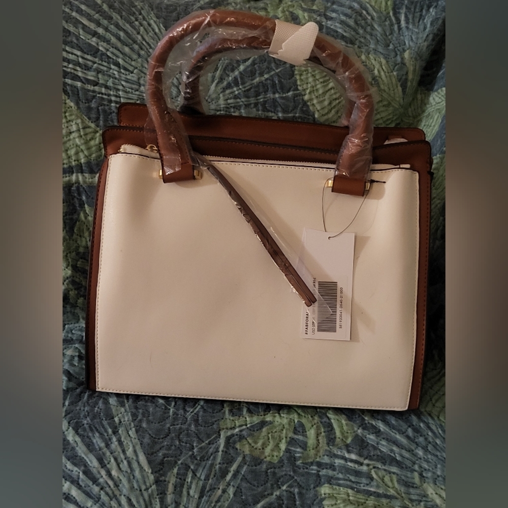 Black white and carmel purse